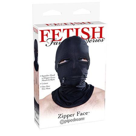 Pipedream Fetish Fantasy Series Zipper Face Hood Black in packaging.