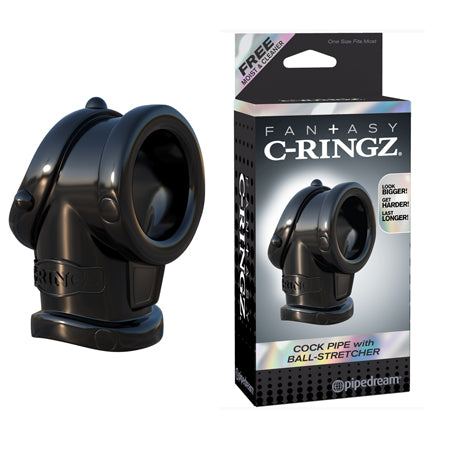 C-Ringz Cock Pipe with Ball Stretcher in packaging, featuring a black silicone design for enhanced pleasure and performance.