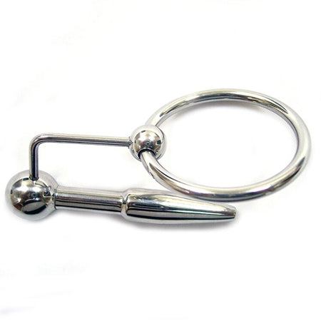 Stainless steel urethral probe and cock ring designed for enhanced pleasure and stimulation.