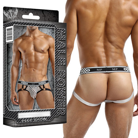 Male Power Peep Show Jock Ring showcasing front peek-a-boo design and open back style on model.