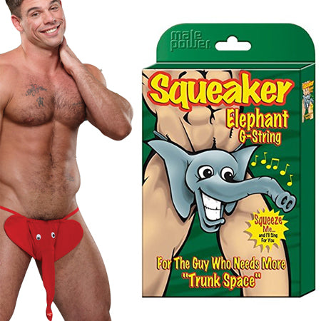 Male Power Squeak Elephant G-String with playful elephant design and squeaker.