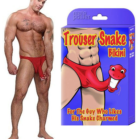 Male Power Trouser Snake Bikini Underwear with snake print design; low-rise cut and contour pouch for comfort and lift.