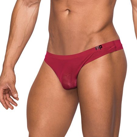 Male Power Seamless Sleek Thong with Sheer Pouch in red, featuring a low-rise waist and designer logo.