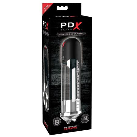 PDX Elite Blowjob Power Pump with automated suction, clear and black design.