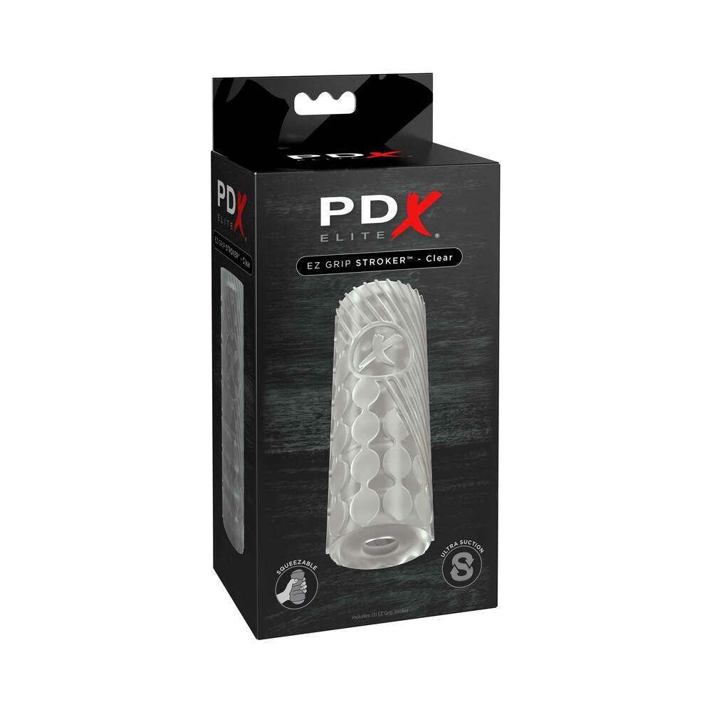 PDX Elite EZ Grip Stroker Clear, handheld pleasure tool with powerful suction and textured interior for enhanced solo play.