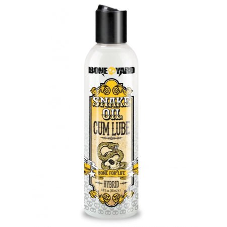 Boneyard Snake Oil Cum Lube 8.8oz bottle with yellow and black label, personal lubricant.