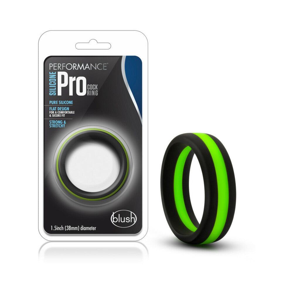 Blush Performance Silicone Go Pro Cock Ring Black/Green with satin smooth finish.