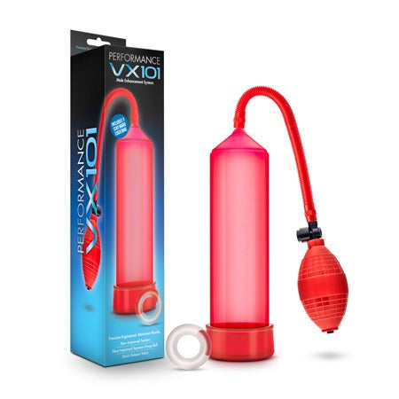 Blush Performance VX101 Male Enhancement Pump with silicone sleeve and pressure gauge in red.