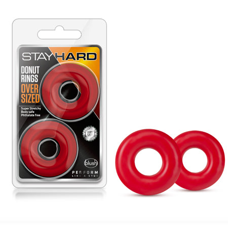 Blush Stay Hard Donut Rings Oversized Cockring 2-Pack Red with packaging and rings displayed.