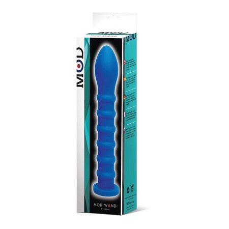 MOD Wand Silicone Blue Ribbed in packaging featuring ribbed texture and sleek blue design.