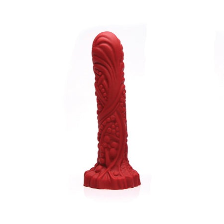 Tantus Groove Premium Silicone Dildo in True Blood Red with textured ridges for g/p spot stimulation.