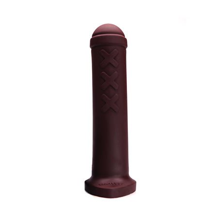 Tantus Amsterdam Premium Silicone Dildo in Firm Oxblood, inspired by Amsterdammertjes, with a 2.6-inch diameter and 10.5-inch length.