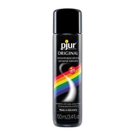 Pjur Original Silicone Rainbow 100 ml lubricant bottle with rainbow design.