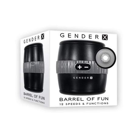 Gender X Barrel Of Fun Stroker product packaging with a sleek barrel design and textured interior.