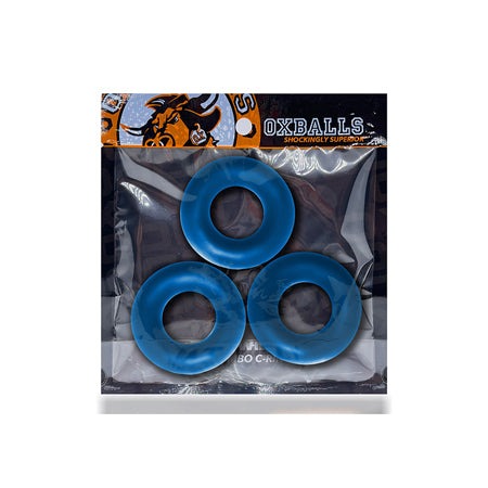 OxBalls Fat Willy 3-Pack Jumbo Cockrings FLEXtpr in blue packaging.