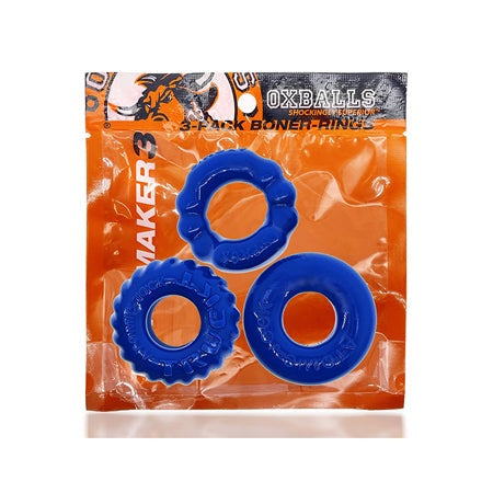 OxBalls Bonemaker 3-Pack Boner Cockring Kit with three blue textured cockrings in varying sizes.