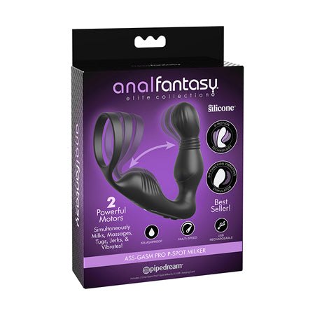 Anal Fantasy Elite Ass-Gasm Pro P-Spot Milker in packaging, featuring a black silicone design with curved shaft and milking sleeve.