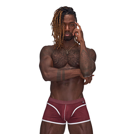 Male Power Sport Mesh Mini Shorts, athletic performance wear, breathable mesh, durable poly spandex blend, stylish sporty striping.