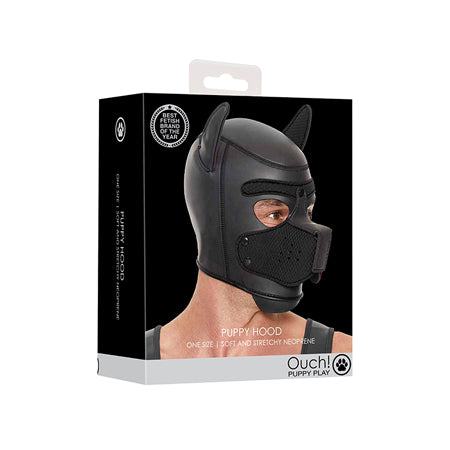 Puppy Play Neoprene Puppy Hood Black in packaging with detachable muzzle and adjustable strap.