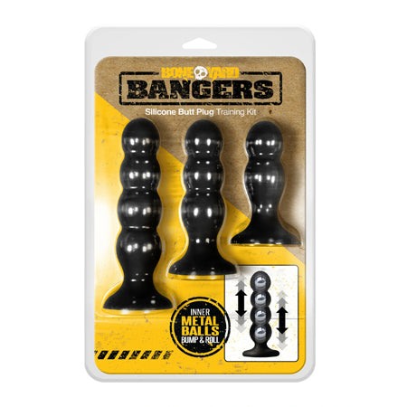 Boneyard Bangers Butt Plug Training Kit packaging with three black silicone plugs in varying sizes.