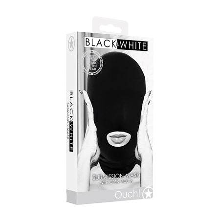 Black & White Submission Mask with open mouth in packaging, spandex material.