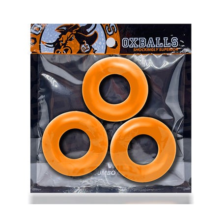 OxBalls Fat Willy 3-Pack Jumbo Cockrings FLEXtpr in packaging, three orange rings.