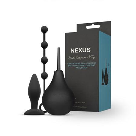 Nexus Anal Beginner Kit with silicone douche, beads, and small butt plug in black.