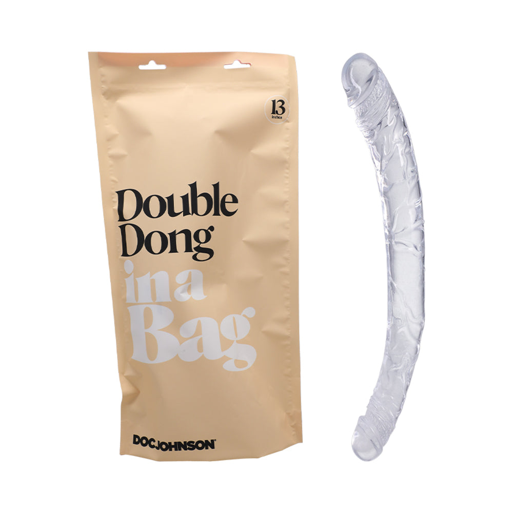 Doc Johnson Double Dong In A Bag 13 in, clear dual-ended dildo with realistic texture and packaging.