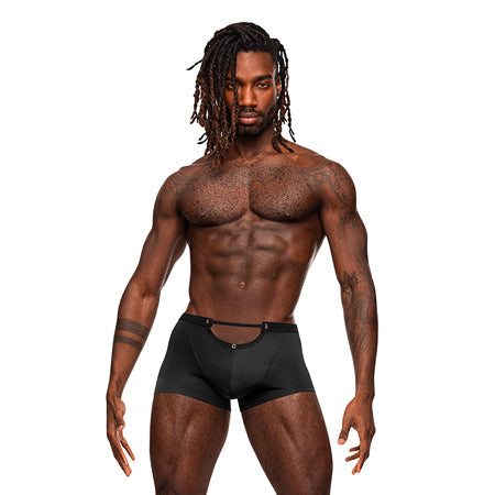 Male Power Magnificence Mini Short on model showcasing sleek design and contoured fit.