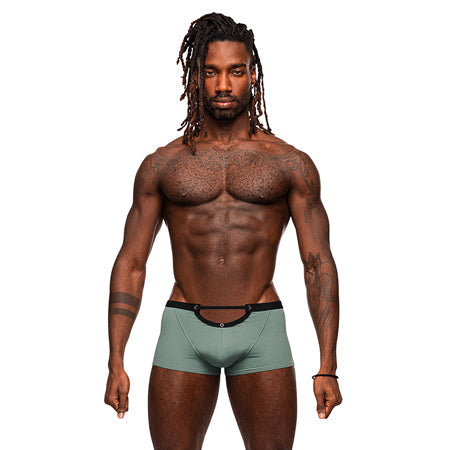 Male Power Magnificence Mini Short in green, sleek design, low-rise waist, contour pouch, supportive fit, stylish men's underwear.