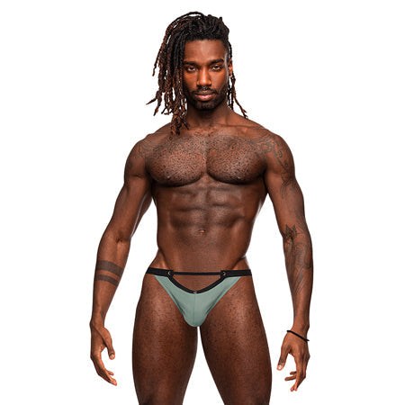 Male Power Magnificence Micro V Thong in green, featuring a sleek design with low-rise waistband and minimal rear coverage.