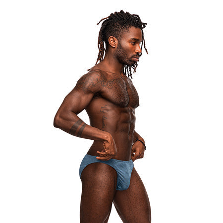 Male Power Inter-Mingle Moonshine Briefs in blue, featuring an inter-mingle pattern and contour pouch for support and lift.