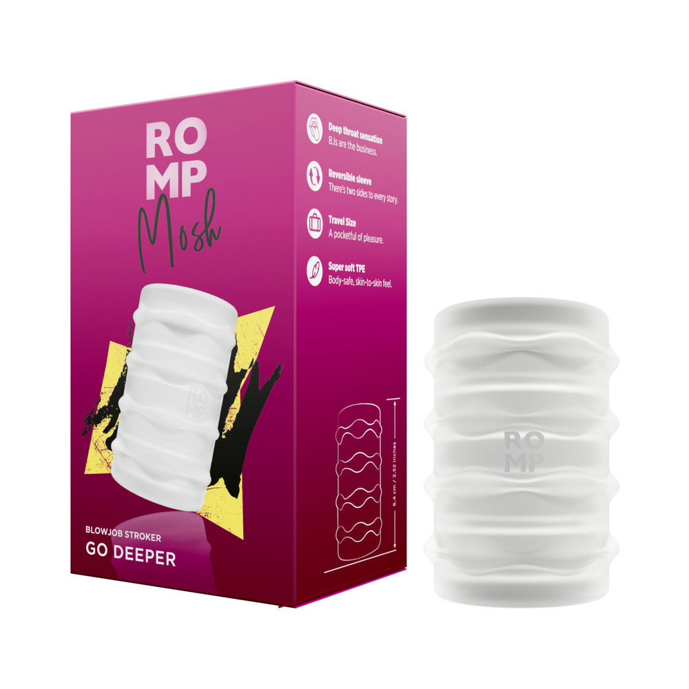 ROMP Mosh Compact Reversible Manual Stroker Clear with dual-textured surfaces for enhanced pleasure.