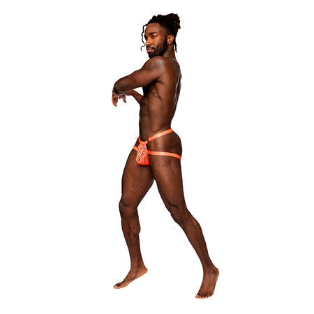 Male Power Rude Awakening Ring Jock in orange, featuring unique ring detail and open back design.