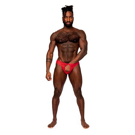 Male Power Sassy Lace Open Ring Thong in red with scallop-edged lace and sheer mesh details.