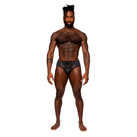 Male Power Sassy Lace Bikini Solid Pouch with scalloped stretch lace and solid spandex panels worn by a model.