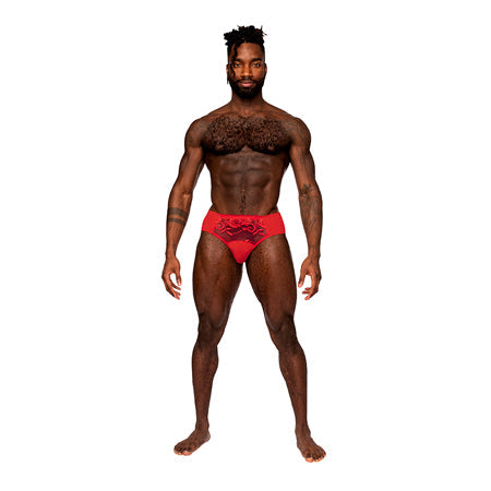 Male Power Sassy Lace Bikini Solid Pouch, red lace and spandex design, front view.