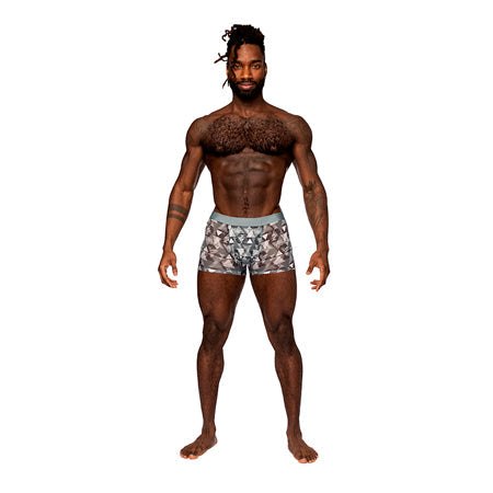 Male Power seamless sheer short with bold print design.