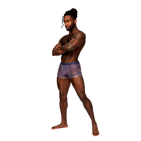 Male Power Sheer Prints Seamless Sheer Short in vibrant print design worn by a model.