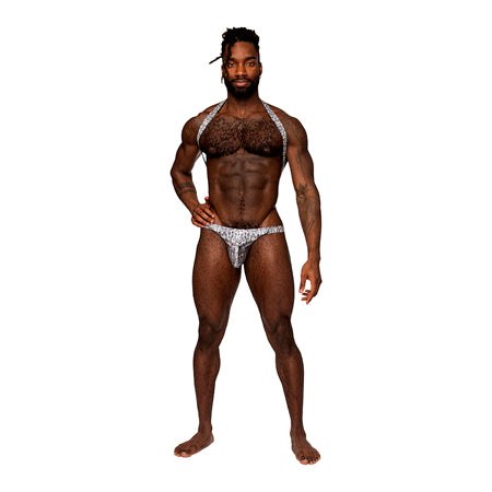 Male Power S'naked Shoulder Sling Harness Thong One-Piece on model, showcasing unique sling design and metallic finish.