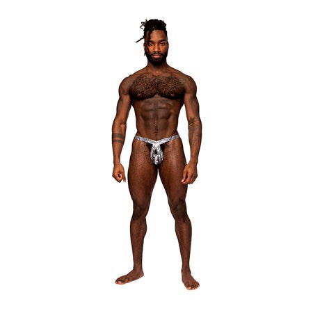 Male Power S'naked Criss Cross Thong in metallic stretch fabric.