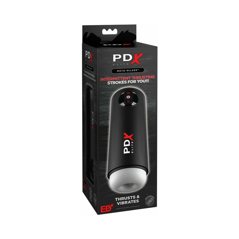 PDX Elite Moto Milker in packaging with thrusting and vibrating features.