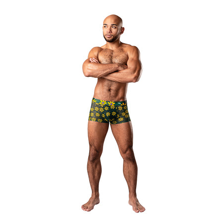 Male Power Petal Power Pouch Short with daisy print design, low-rise waistband, and snug pouch support.