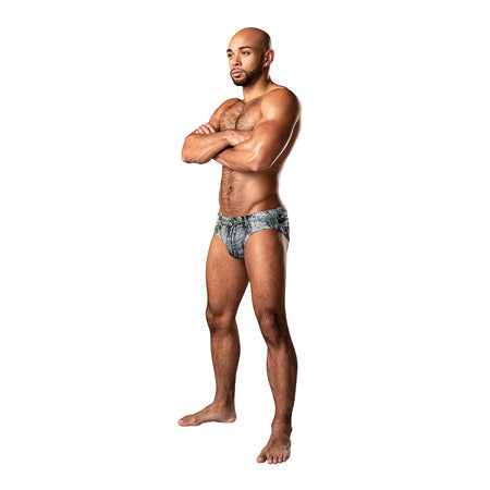 Male Power Dirty Denim Bikini in denim print, men's stylish underwear with low-rise waist and high-cut legs.