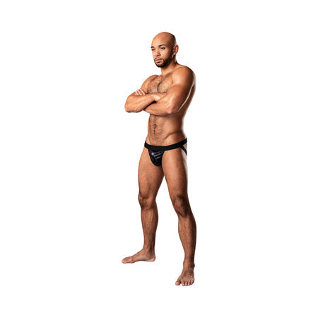 Male Power KaleiDickscope Strappy Ring Jock on a model, showcasing edgy design with elastic straps and a metal ring.