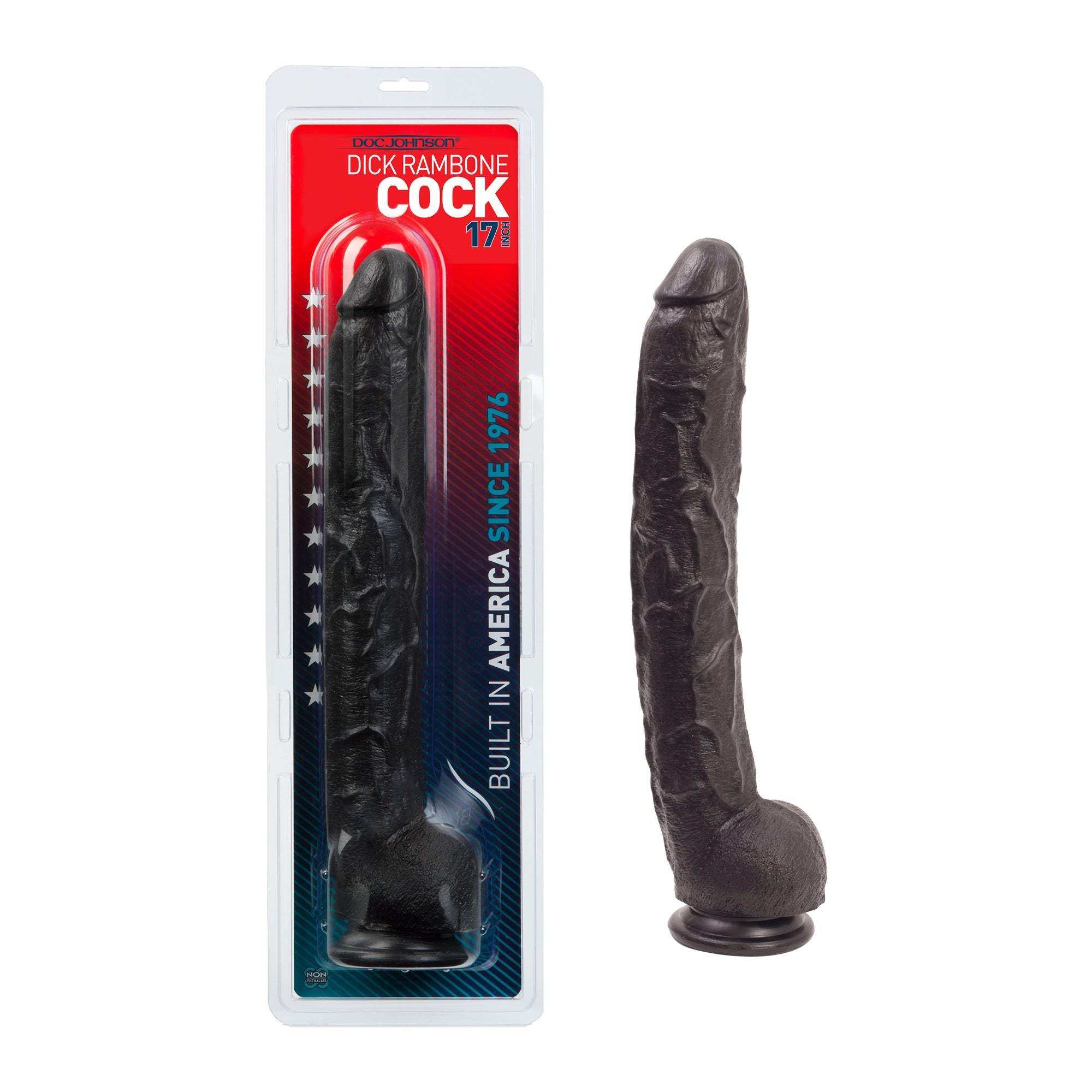 Black Dick Rambone 18-inch dildo with suction cup and textured shaft in packaging.