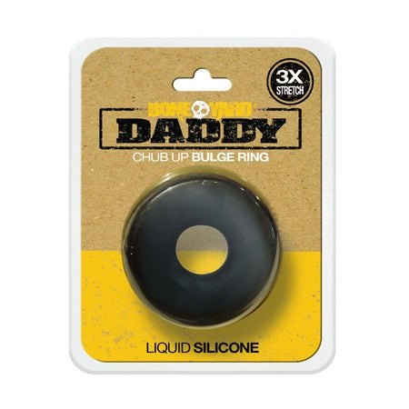 Boneyard Daddy Liquid Silicone Bulge Ring in packaging, black thick silicone ring for enhanced bulge.