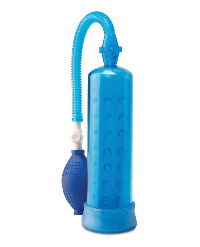 Pipedream Pump Worx Silicone Power Pump with clear cylinder and blue design.