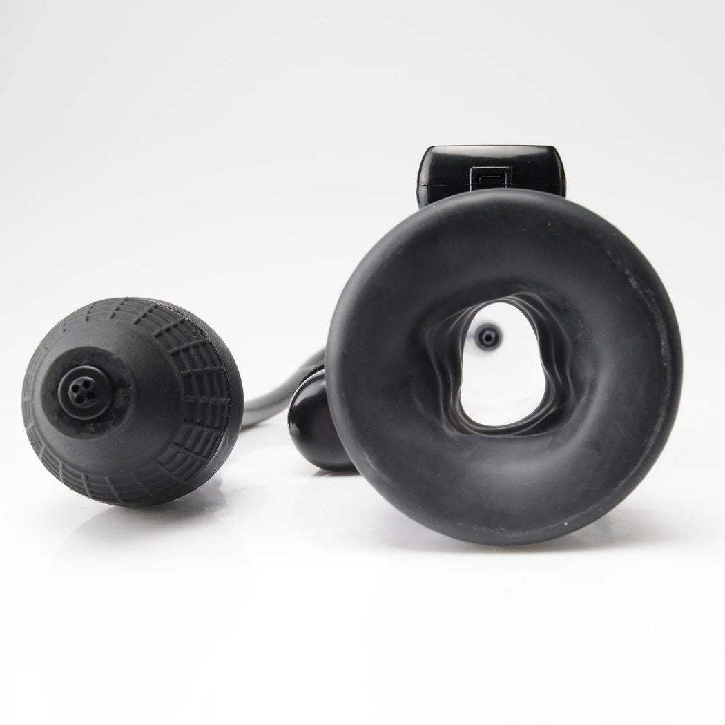 Pipedream Pump Worx Beginner's Vibrating Pump in clear and black with suction bulb and clear cylinder.