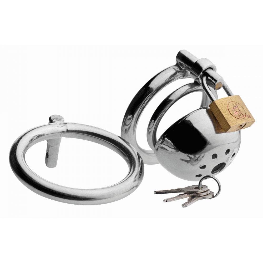 Stainless steel Solitary Extreme Confinement Cage for BDSM play with lock and base rings.